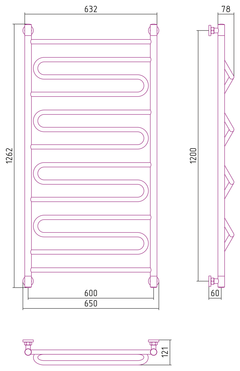 Полотенцесушитель водяной Сунержа Элегия+ 1200x600